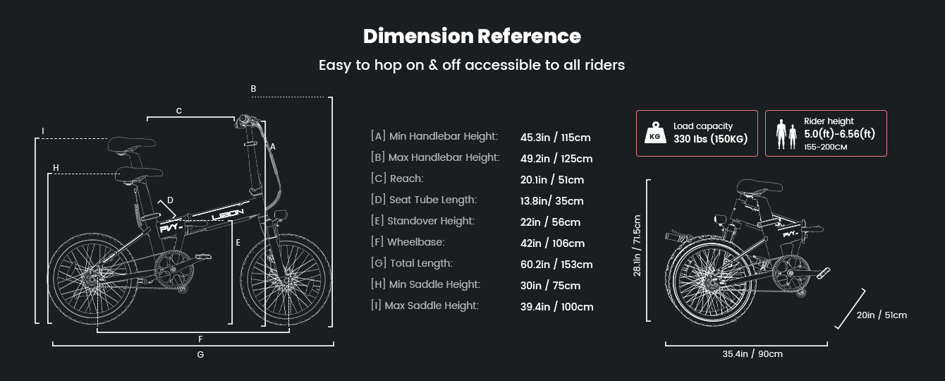 PVY LIBON Folding Mini E-bike (bike to work scheme/cycle to work scheme ireland) - Dimension Reference<br>Easy to hop on & off accessible to all riders
