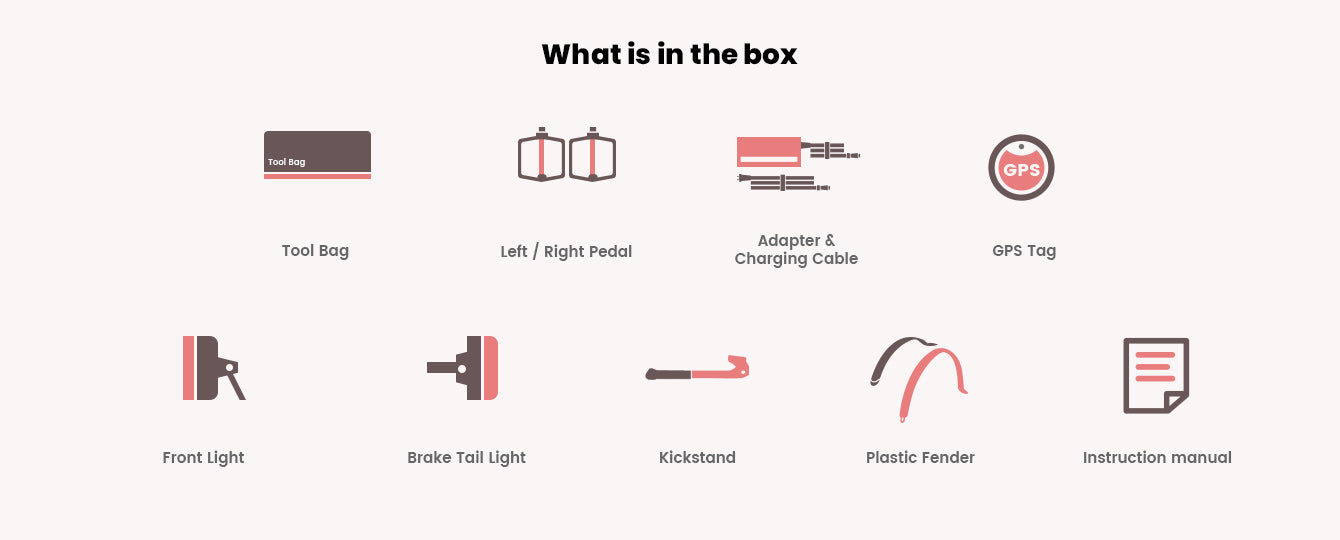 PVY LIBON Folding Mini E-bike (bike to work scheme/cycle to work scheme ireland) <br>What's in the box?<br> Tool Bag x1<br /> Left / Right Pedal x1<br /> Adapter &Charging Cable x1<br /> GPS Tag x1<br /> Front Light x1<br /> Brake Tail Light x1<br /> Kickstand x1<br /> Plastic Fender x1<br /> Instruction manual x1